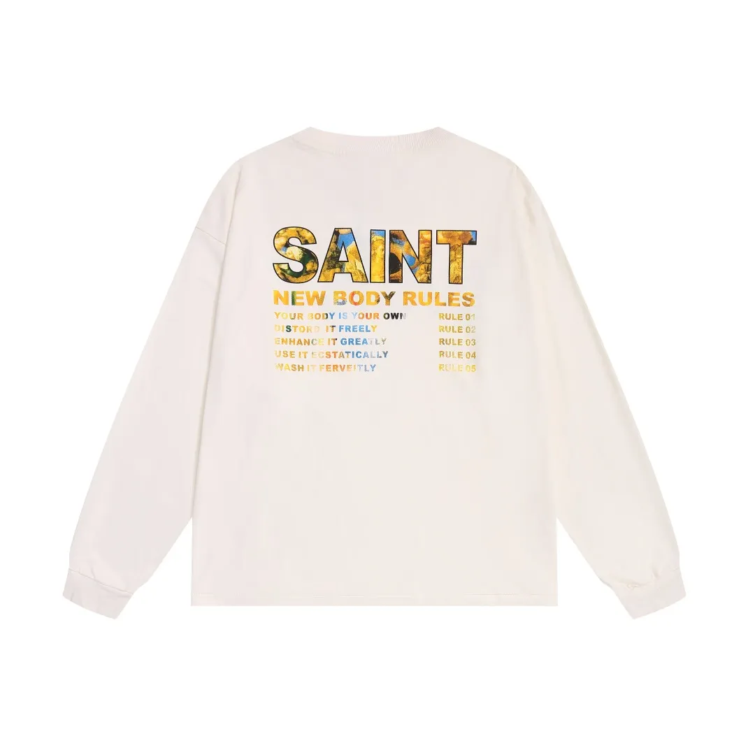 SAINT Michael FW25 vintage distressed round neck long-sleeved T-shirt with oil painting letters printed on the chest for spring and autumn. Fabric: 260g Style number: SM663 Size: S-M-L-XL Color: White Price: P144
